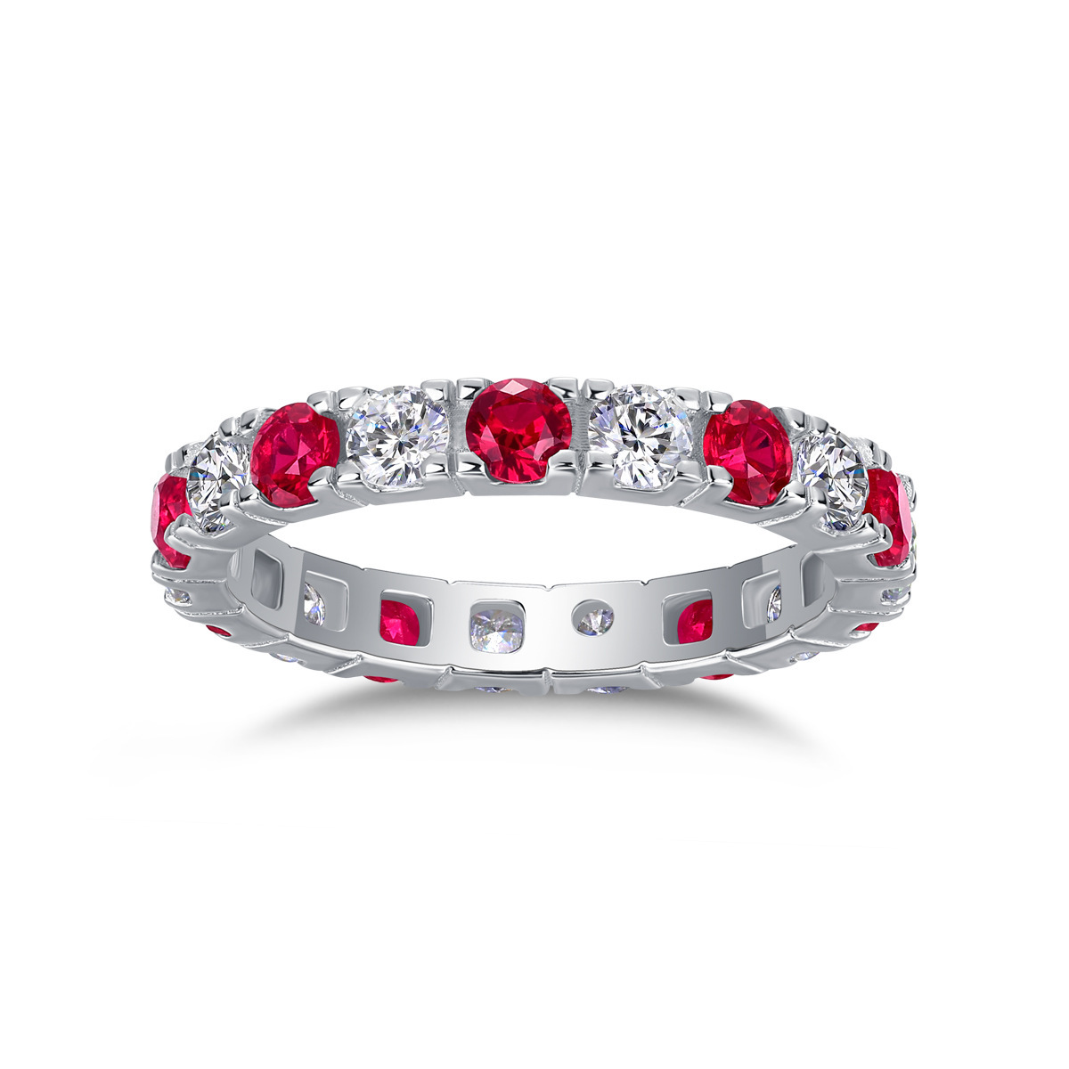 Bold&Chice Blue Sapphire & White Moissanite Eternity Band, Lab Created Diamond Alternating Ring, Unisex S925 Silver Stackable Ring