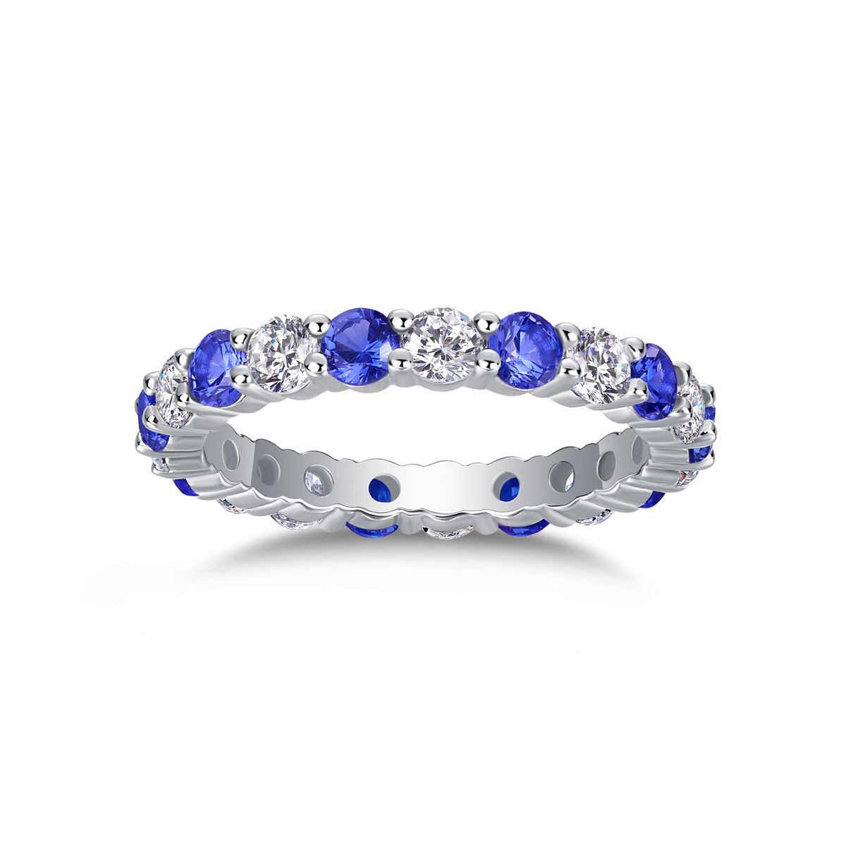 Bold&Chice Blue Sapphire & White Moissanite Eternity Band, Lab Created Diamond Alternating Ring, Unisex S925 Silver Stackable Ring