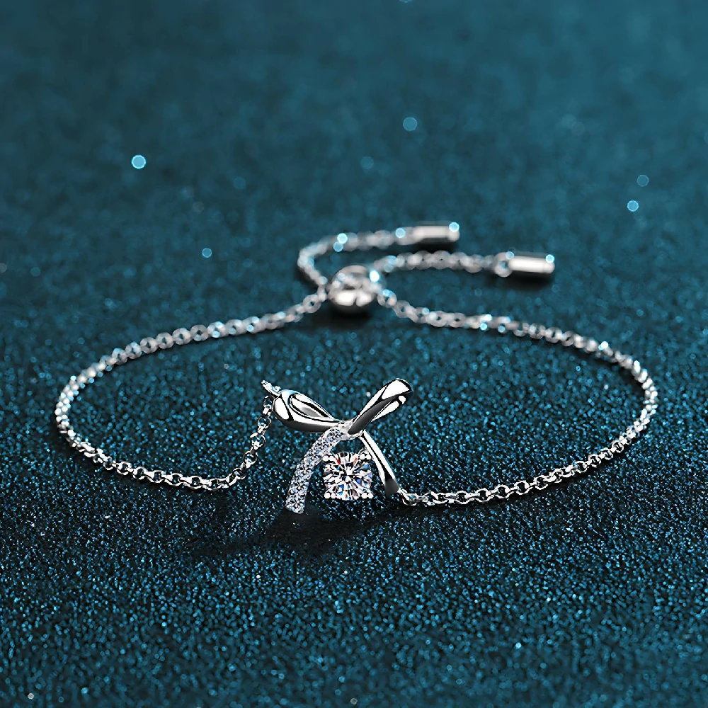 Bold&Chice 0.3CT Lovely Bow Ribbon Pave Moissanite Bracelet, S925 Silver Lab Grown Diamond, Delicate Adjustable Bracelet for Her