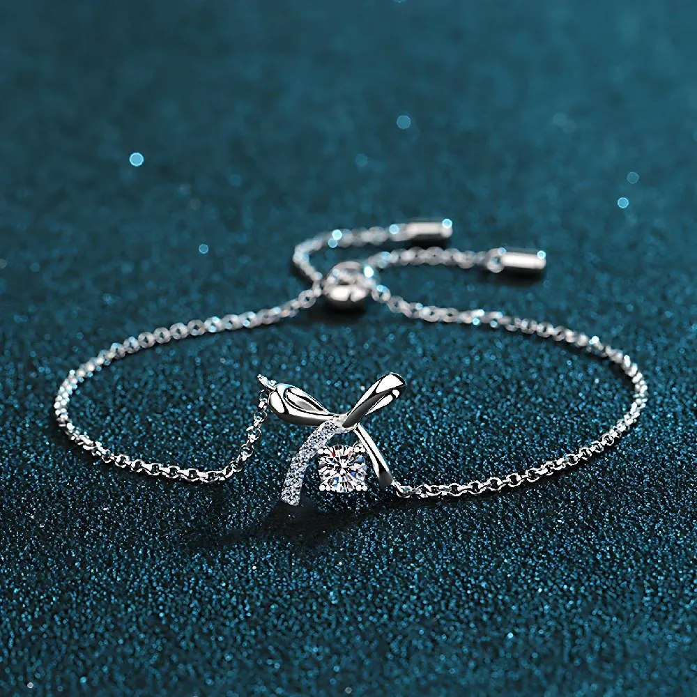 Bold&Chice 0.3CT Lovely Bow Ribbon Pave Moissanite Bracelet, S925 Silver Lab Grown Diamond, Delicate Adjustable Bracelet for Her