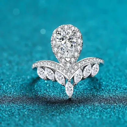 Bold&Chice 1CT Pear Cut Moissanite Crown Ring, Marquise Pave S925 Silver Lab Created Diamond Ring for Women