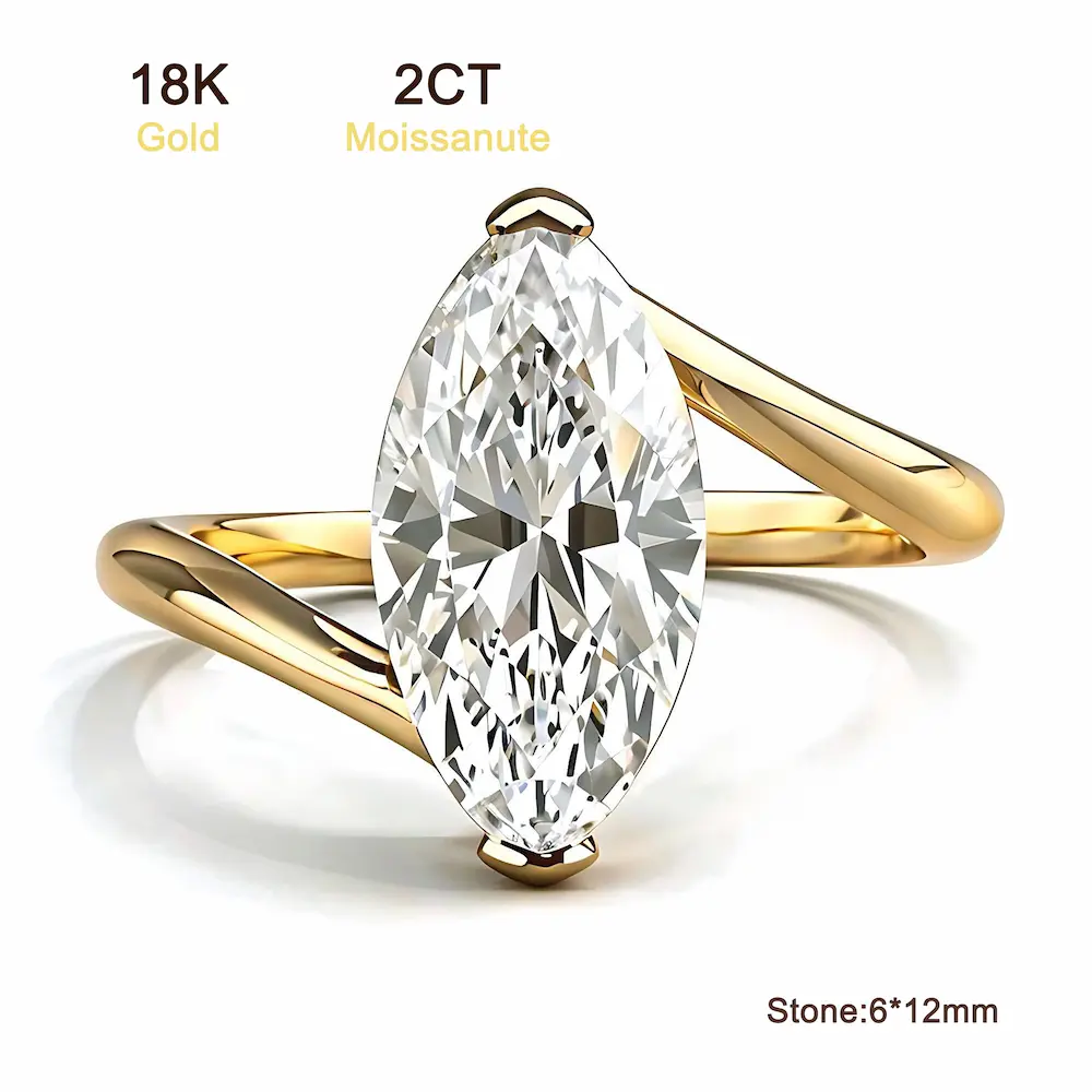 Bold&Chice 2CT Marquise Cut Moissanite Ring, 18K Gold Plated S925 Silver Lab Created Diamond Ring