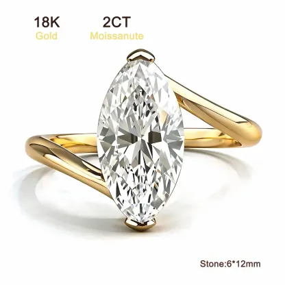 Bold&Chice 2CT Marquise Cut Moissanite Ring, 18K Gold Plated S925 Silver Lab Created Diamond Ring