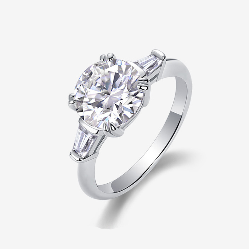Bold&Chice 3CT Round Moissanite Engagement Ring, Three Stone Baguette Accents, S925 Silver Lab Created Diamond Promise Ring for Women