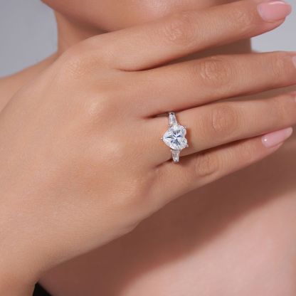Bold&Chice Heart Cut Moissanite Engagement Ring, Three Stone with Baguette Side Stones, S925 Silver Lab Created Diamond Ring