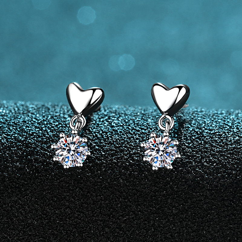 Bold&Chice Cute Heart Dangle Moissanite Earrings, S925 Silver Lab Created Diamond, Sweet Solitaire Drop Earrings for Her