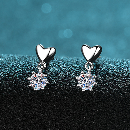 Bold&Chice Cute Heart Dangle Moissanite Earrings, S925 Silver Lab Created Diamond, Sweet Solitaire Drop Earrings for Her