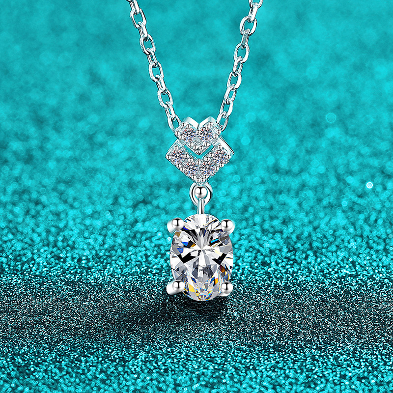 Bold&Chice 1CT Oval Moissanite Pendant Necklace, Heart Pave S925 Silver Lab Created Diamond Necklace for Women