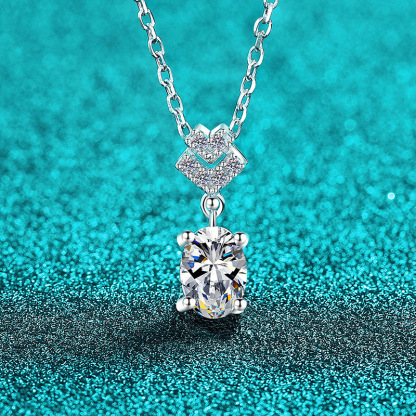 Bold&Chice 1CT Oval Moissanite Pendant Necklace, Heart Pave S925 Silver Lab Created Diamond Necklace for Women