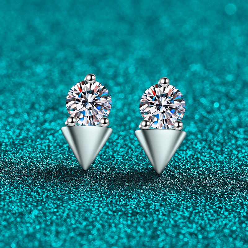 Bold&Chice 0.4/0.6/1CT Round Moissanite Cone Stud Earrings, Edgy Statement Stud Earrings, Triangle Base S925 Silver Lab Created Diamond Earrings for Women