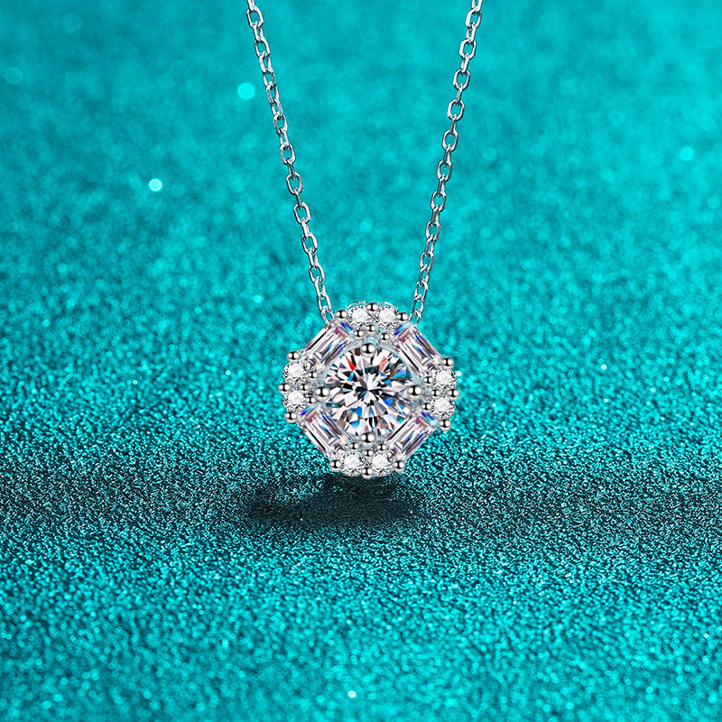 Bold&Chice Viral Sugar Cube Cut Jewelry Moissanite Jewelry Set (Necklace + Earrings), Lab Grown Diamond Alternative, Trending Halo Pendant & Stud Set for Her