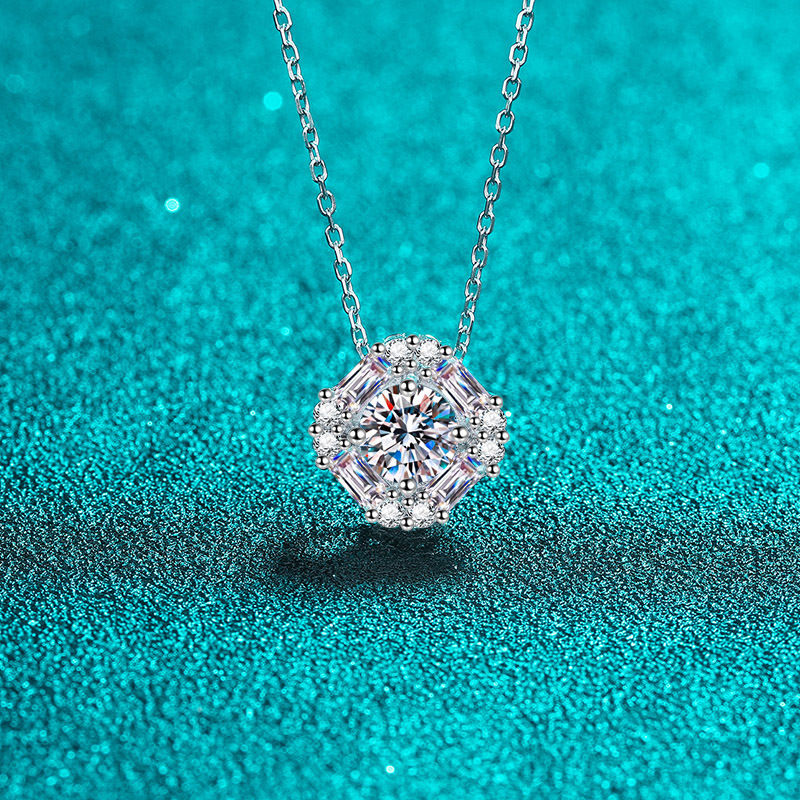 Bold&Chice Viral Sugar Cube Cut Jewelry Moissanite Jewelry Set (Necklace + Earrings), Lab Grown Diamond Alternative, Trending Halo Pendant & Stud Set for Her