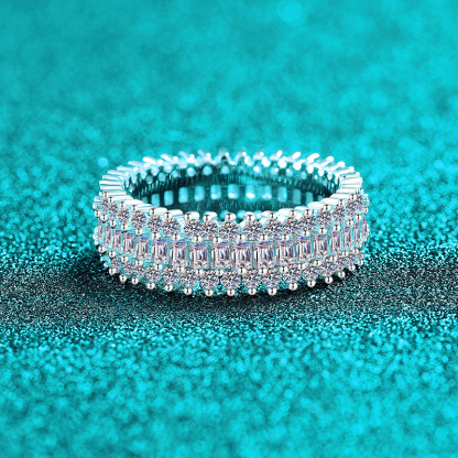 Bold&Chice 2.6CT Double Row Baguette Round Moissanite Eternity Band, Full Pave S925 Silver Lab Created Diamond Ring for Women