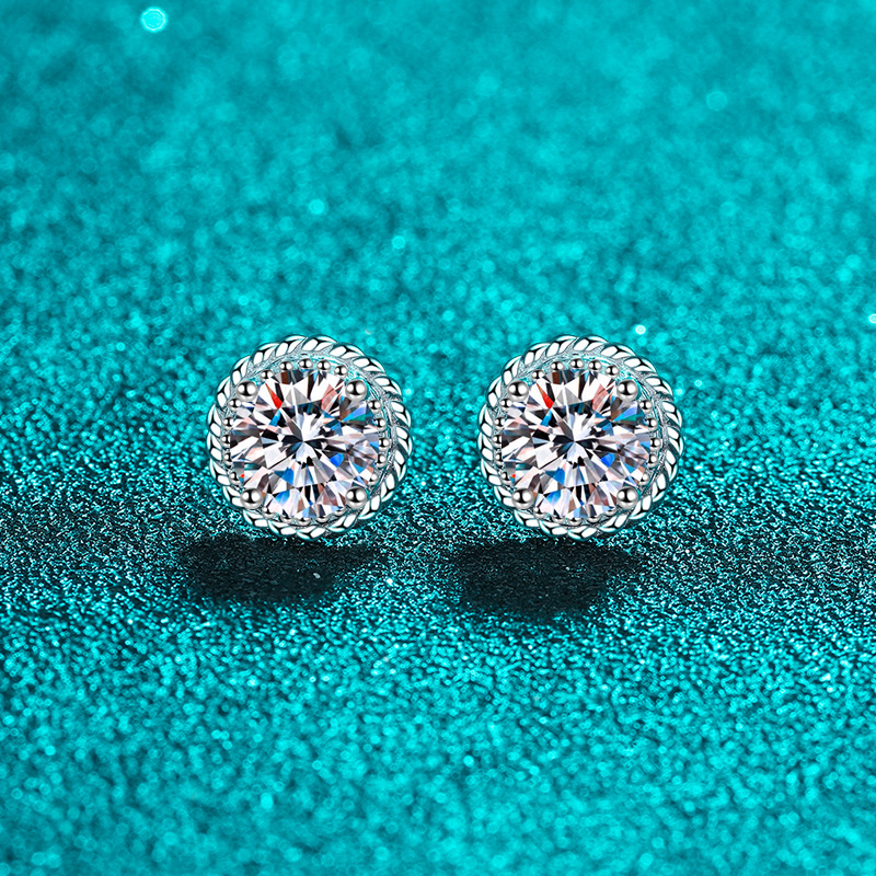 Bold&Chice 1CT/2CT Round Moissanite Twist Rope Stud Earrings, Classic Milgrain Edge S925 Silver Lab Created Diamond Earrings for Women