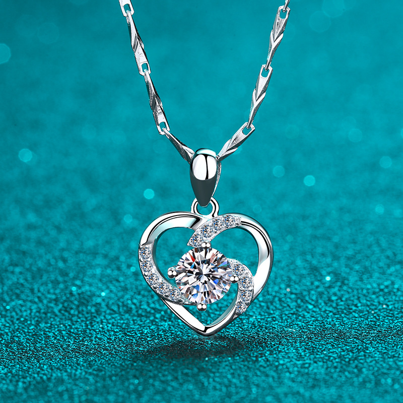 Bold&Chice 0.8CT Romantic Hollow Heart Moissanite Necklace, S925 Silver Lab Created Diamond Necklace, Elegant Twist Pendant Necklace for Her