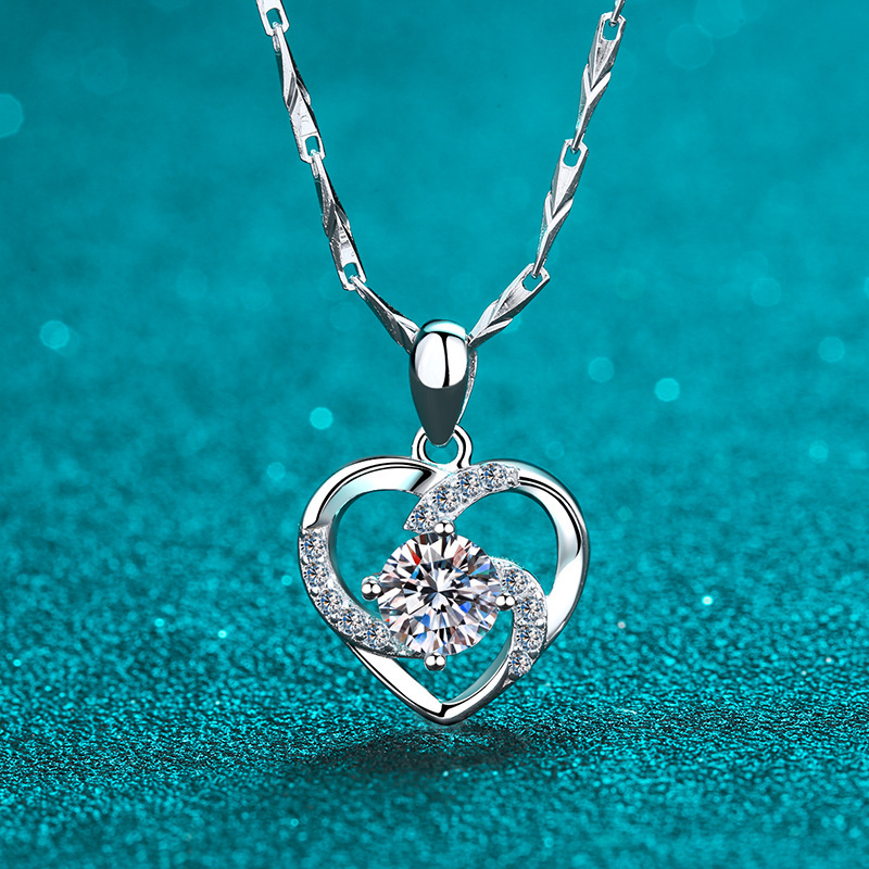 Bold&Chice 0.8CT Romantic Hollow Heart Moissanite Necklace, S925 Silver Lab Created Diamond Necklace, Elegant Twist Pendant Necklace for Her