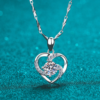 Bold&Chice 0.8CT Romantic Hollow Heart Moissanite Necklace, S925 Silver Lab Created Diamond Necklace, Elegant Twist Pendant Necklace for Her