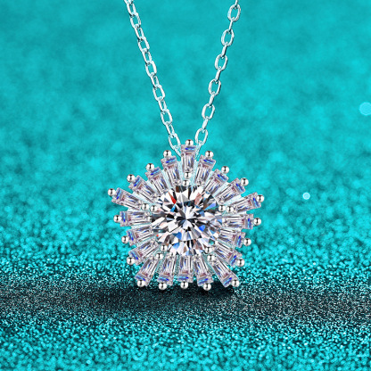 Bold&Chice Gorgeous Sunflower Baguette Moissanite Necklace, S925 Silver Lab Created Diamond, Shiny Floral Statement Necklace for Her