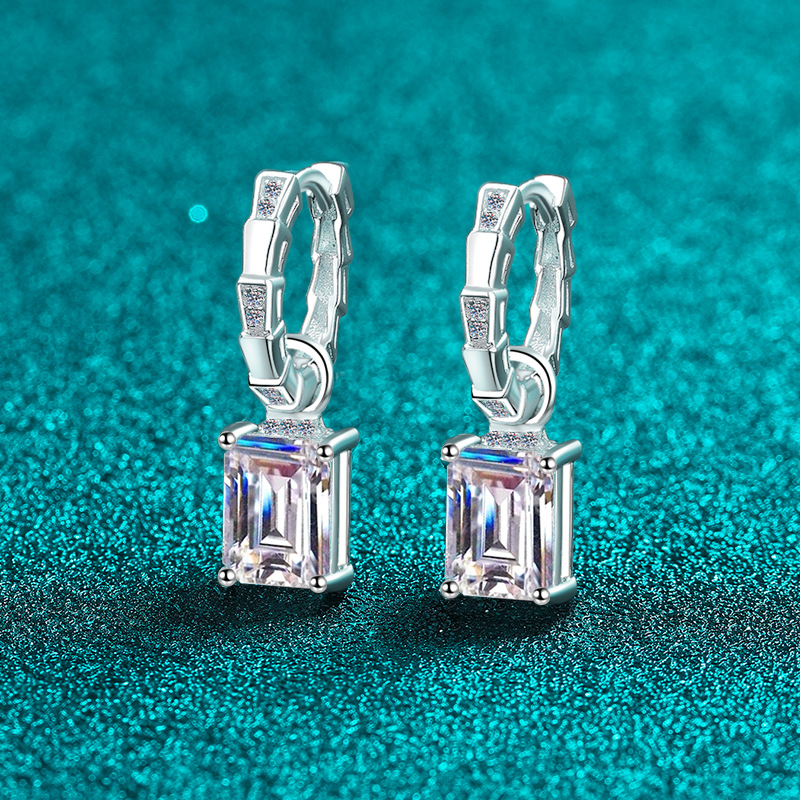 Bold&Chice 4CT Emerald / Radiant Cut Moissanite Drop Earrings, Baguette Huggie S925 Silver Lab Created Diamond Earrings for Women