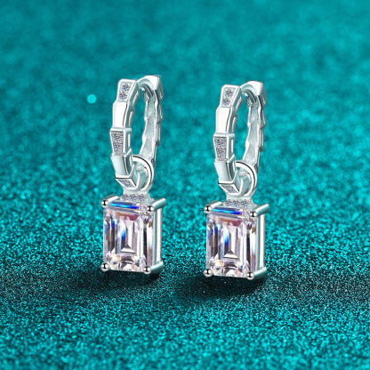Bold&Chice 4CT Emerald / Radiant Cut Moissanite Drop Earrings, Baguette Huggie S925 Silver Lab Created Diamond Earrings for Women