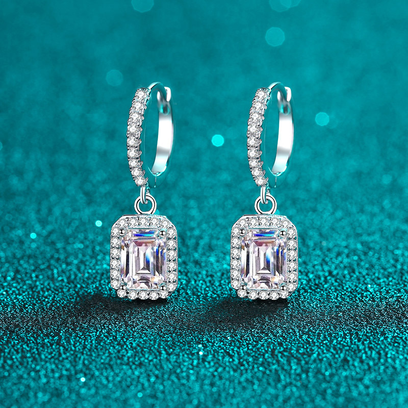 Bold&Chice 2/4CT Emerald / Radiant Cut Moissanite Drop Earrings, Baguette Huggie S925 Silver Lab Created Diamond Earrings for Women