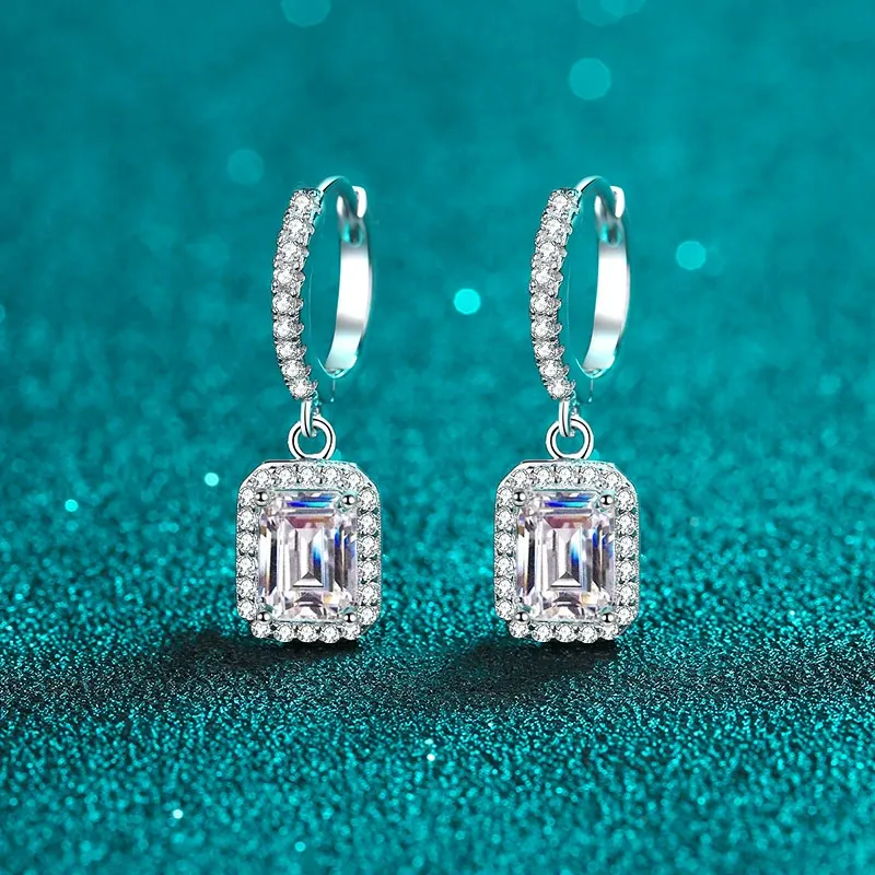 Bold&Chice 2/4CT Emerald / Radiant Cut Moissanite Drop Earrings, Baguette Huggie S925 Silver Lab Created Diamond Earrings for Women