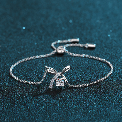 Bold&Chice 0.3CT Lovely Bow Ribbon Pave Moissanite Bracelet, S925 Silver Lab Grown Diamond, Delicate Adjustable Bracelet for Her