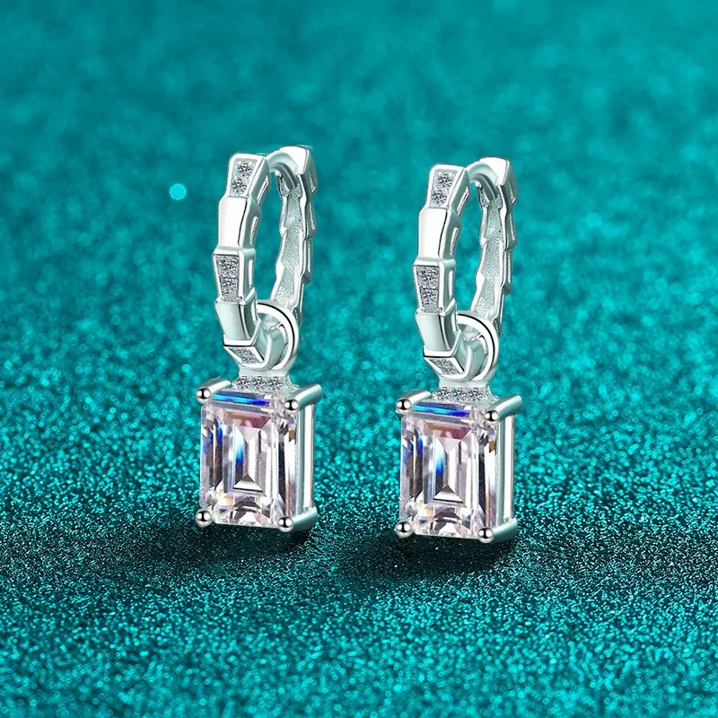 Bold&Chice 4CT Emerald / Radiant Cut Moissanite Drop Earrings, Baguette Huggie S925 Silver Lab Created Diamond Earrings for Women