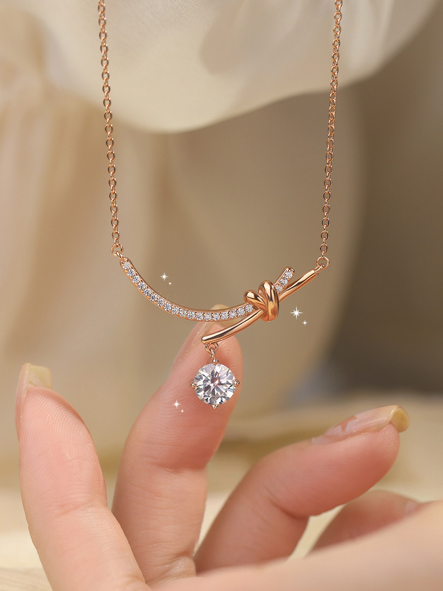 Bold&Chice Bow Knot Moissanite Necklace, 1CT Lab Created Moissanite Pendant, Rose Gold Plated Curved Bar Necklace for Women