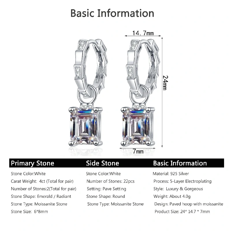 Bold&Chice 4CT Emerald / Radiant Cut Moissanite Drop Earrings, Baguette Huggie S925 Silver Lab Created Diamond Earrings for Women