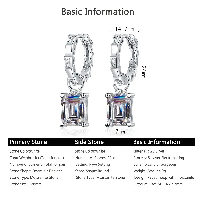 Bold&Chice 4CT Emerald / Radiant Cut Moissanite Drop Earrings, Baguette Huggie S925 Silver Lab Created Diamond Earrings for Women