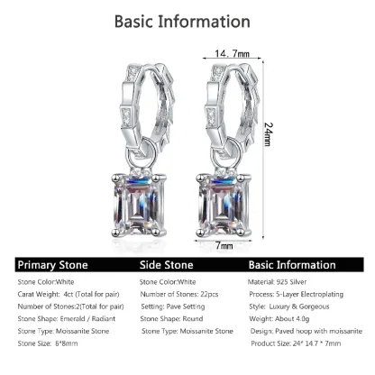 Bold&Chice 4CT Emerald / Radiant Cut Moissanite Drop Earrings, Baguette Huggie S925 Silver Lab Created Diamond Earrings for Women
