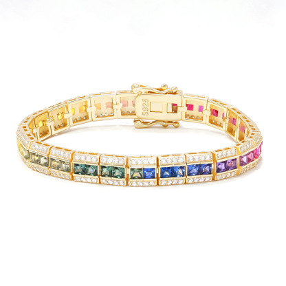Bold&Chice Luxury Rainbow Bridge Pave Moissanite Bracelet, S925 Silver Lab Created Diamond, Shiny Multicolor Statement Bracelet for Her
