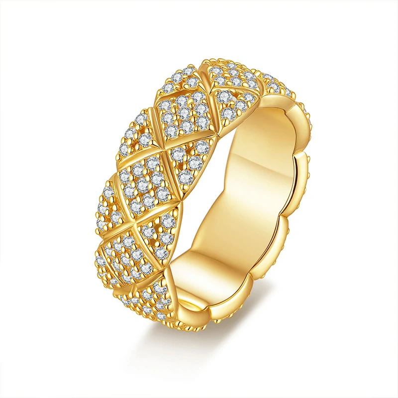 Bold&Chice Luxury Quilted Pave Moissanite Ring, 18K Gold Plated S925 Silver Lab Created Diamond, Shiny Grid Statement Ring for Her