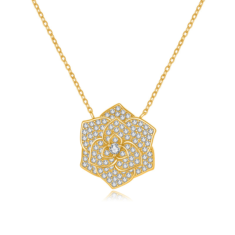 Bold&Chice Blooming Rose Pave Moissanite Pendant Necklace, S925 Silver Lab Created Diamond, Elegant Floral Statement Necklace for Her