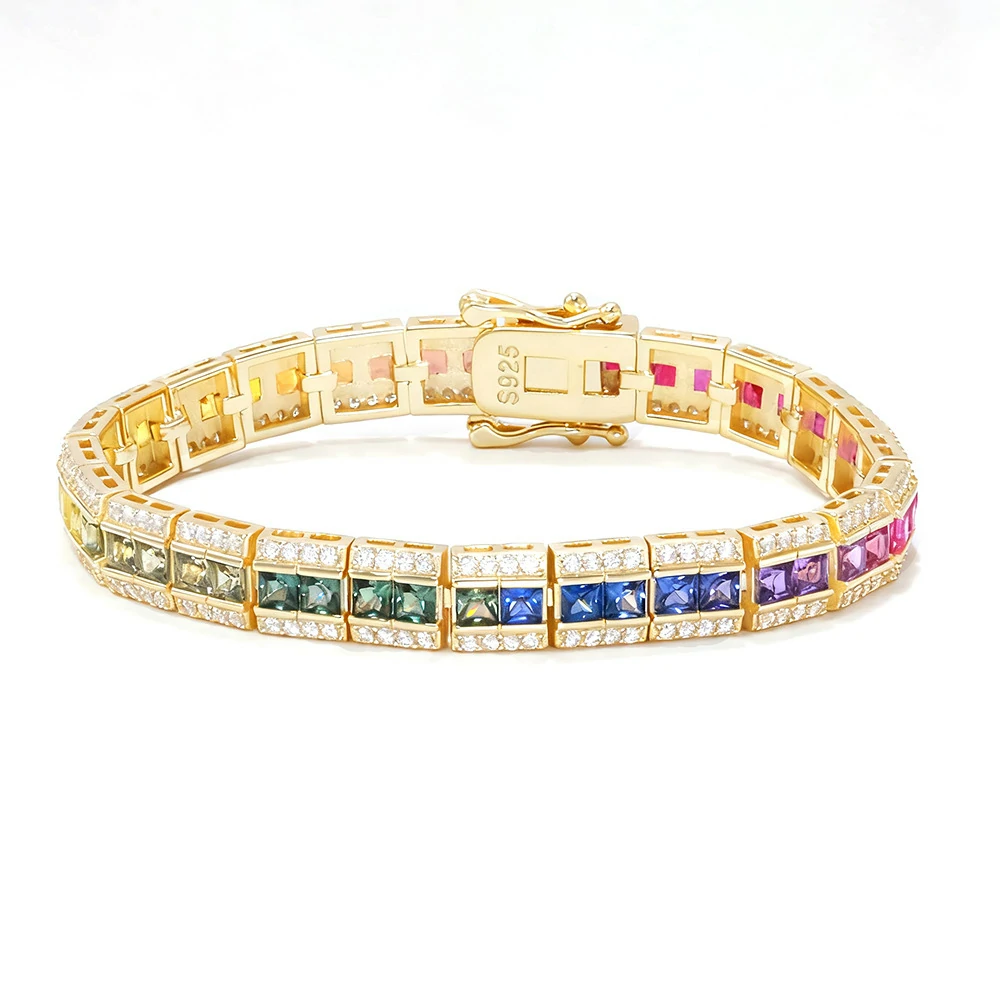 Bold&Chice Luxury Rainbow Bridge Pave Moissanite Bracelet, 18K Gold Plated S925 Silver Lab Created Diamond, Shiny Multicolor Statement Bracelet for Her
