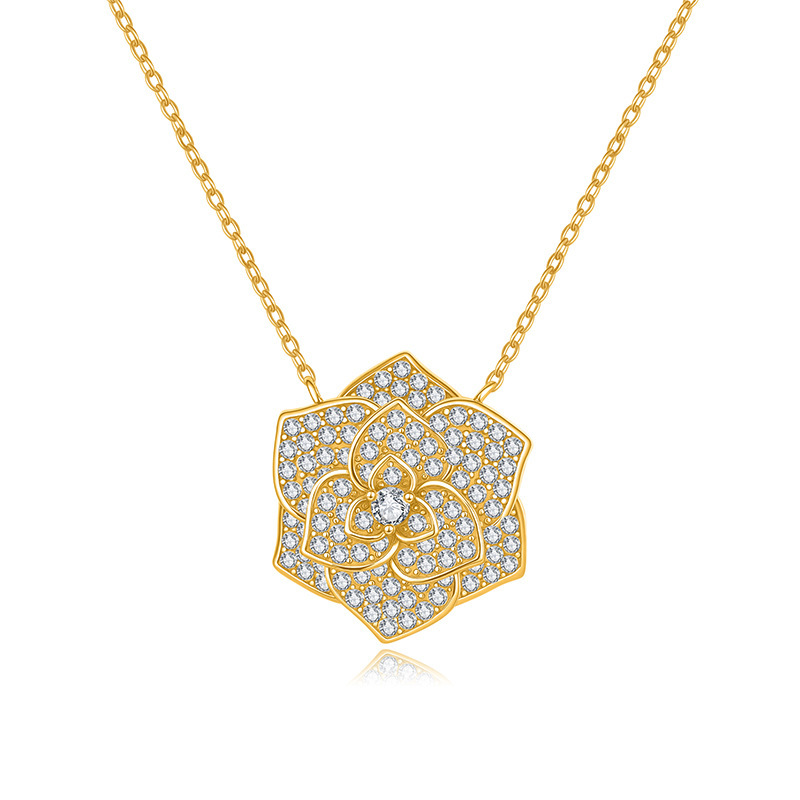 Bold&Chice Blooming Rose Pave Moissanite Pendant Necklace, S925 Silver Lab Created Diamond, Elegant Floral Statement Necklace for Her