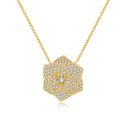 Bold&Chice Blooming Rose Pave Moissanite Pendant Necklace, S925 Silver Lab Created Diamond, Elegant Floral Statement Necklace for Her