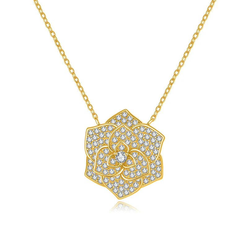 Bold&Chice Blooming Rose Pave Moissanite Pendant Necklace, 18K Gold Plated S925 Silver Lab Created Diamond, Elegant Floral Statement Necklace for Her