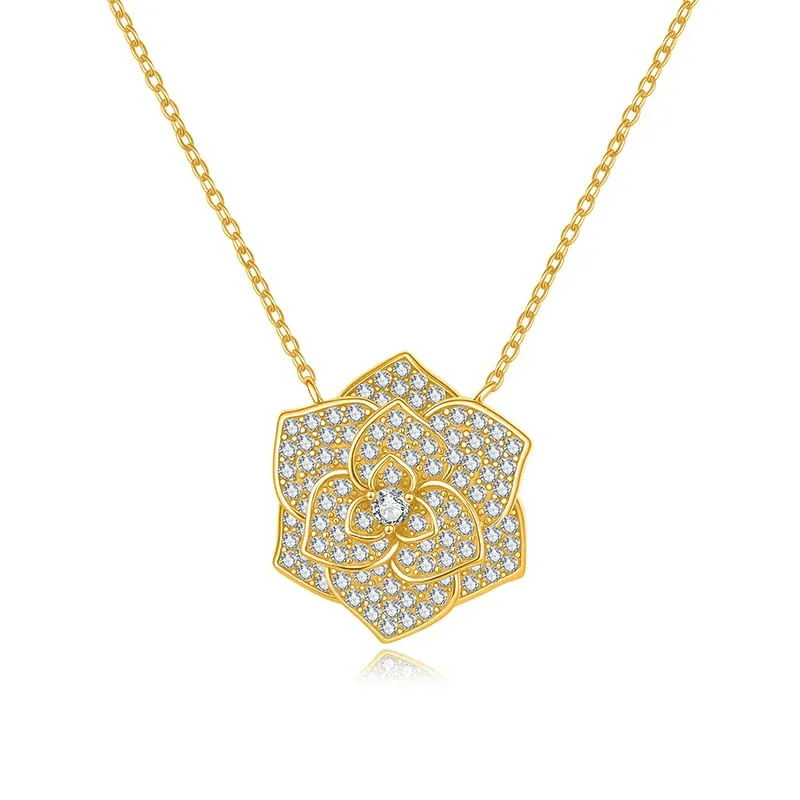 Bold&Chice Blooming Rose Pave Moissanite Pendant Necklace, 18K Gold Plated S925 Silver Lab Created Diamond, Elegant Floral Statement Necklace for Her