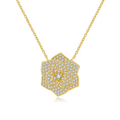 Bold&Chice Blooming Rose Pave Moissanite Pendant Necklace, 18K Gold Plated S925 Silver Lab Created Diamond, Elegant Floral Statement Necklace for Her