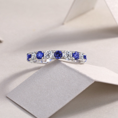 Bold&Chice Blue Sapphire & White Moissanite Eternity Band, Lab Created Diamond Alternating Ring, Unisex S925 Silver Stackable Ring