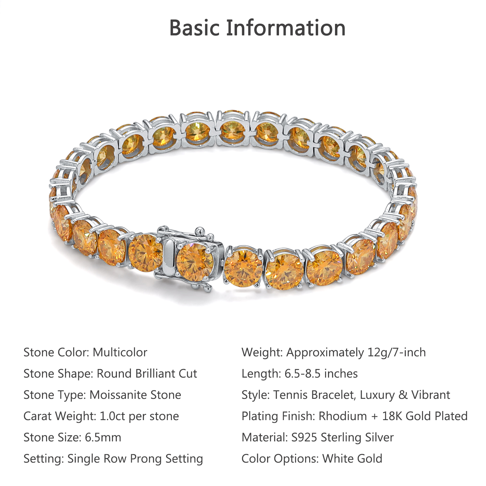 Bold&Chice Luxury Colorful Pave Moissanite Tennis Bracelet, S925 Silver Lab Created Diamond, Shiny Multicolor Statement Bracelet for Her