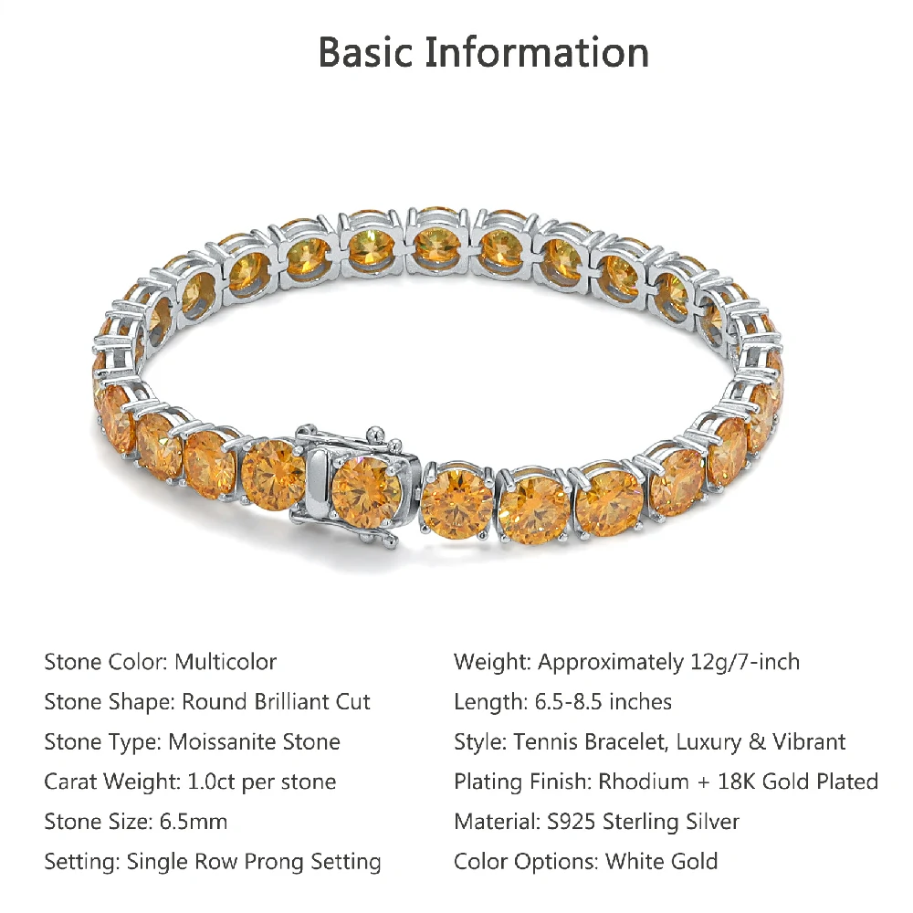 Bold&Chice Luxury Colorful Pave Moissanite Tennis Bracelet, S925 Silver Lab Created Diamond, Shiny Multicolor Statement Bracelet for Her