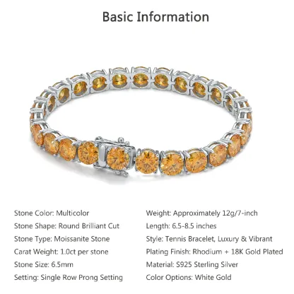 Bold&Chice Luxury Colorful Pave Moissanite Tennis Bracelet, S925 Silver Lab Created Diamond, Shiny Multicolor Statement Bracelet for Her