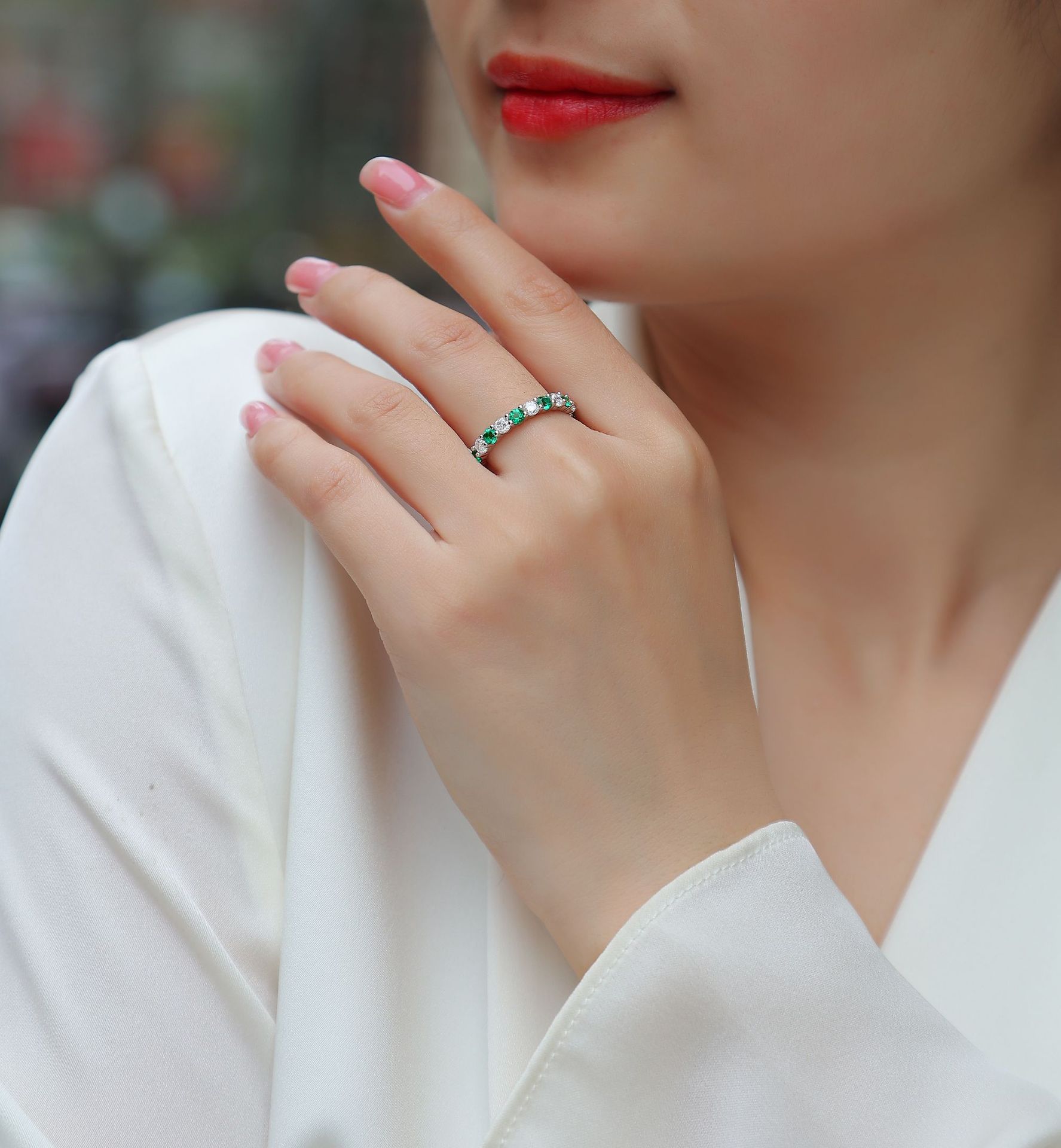 Bold&Chice Blue Sapphire & White Moissanite Eternity Band, Lab Created Diamond Alternating Ring, Unisex S925 Silver Stackable Ring