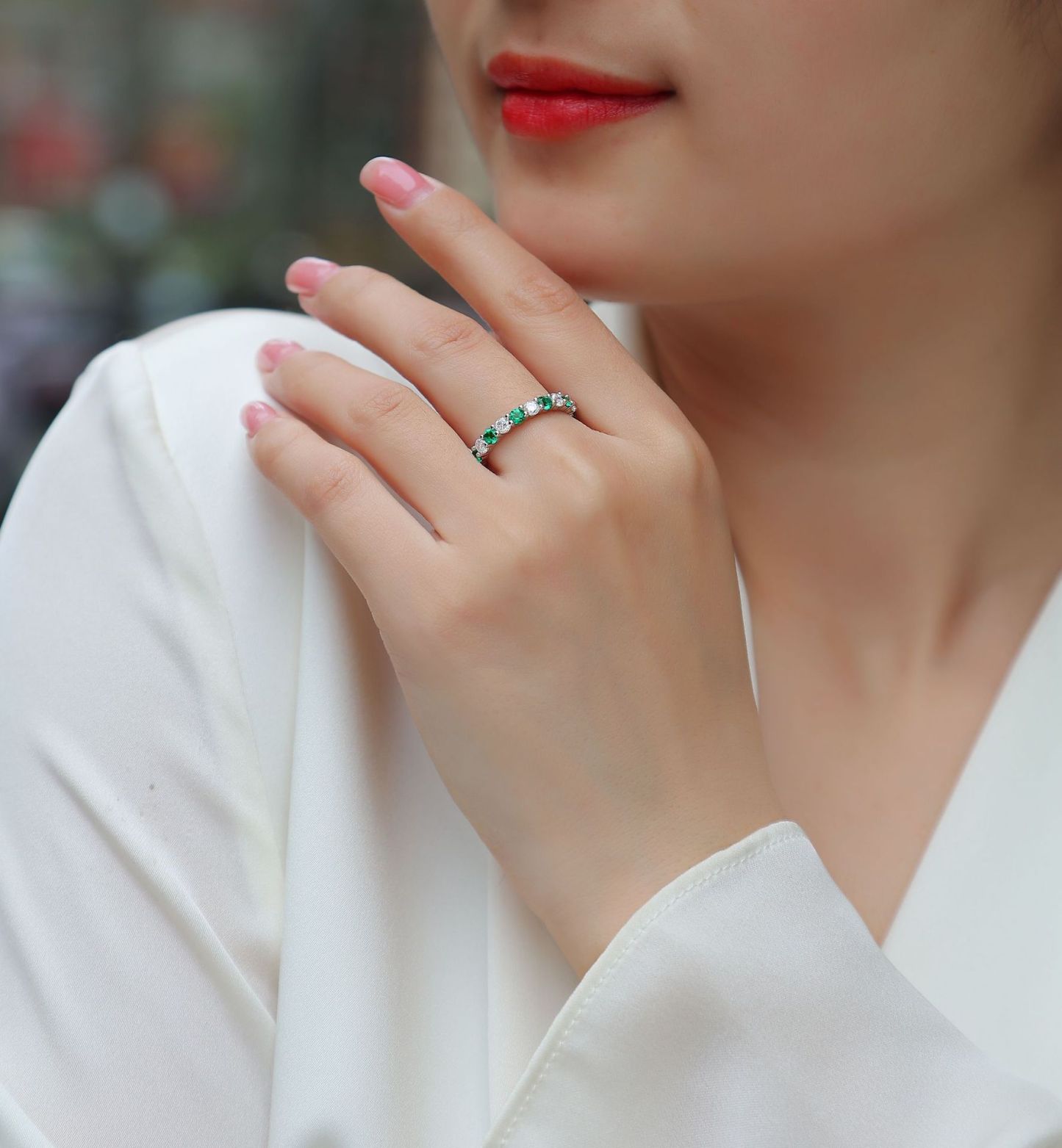 Bold&Chice Blue Sapphire & White Moissanite Eternity Band, Lab Created Diamond Alternating Ring, Unisex S925 Silver Stackable Ring