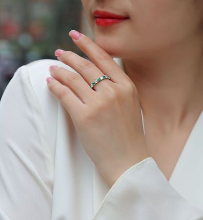 Bold&Chice Blue Sapphire & White Moissanite Eternity Band, Lab Created Diamond Alternating Ring, Unisex S925 Silver Stackable Ring