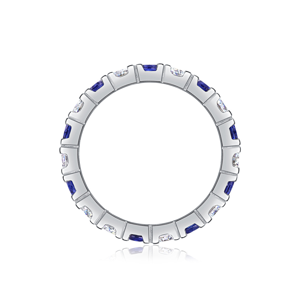 Bold&Chice Blue Sapphire & White Moissanite Eternity Band, Lab Created Diamond Alternating Ring, Unisex S925 Silver Stackable Ring