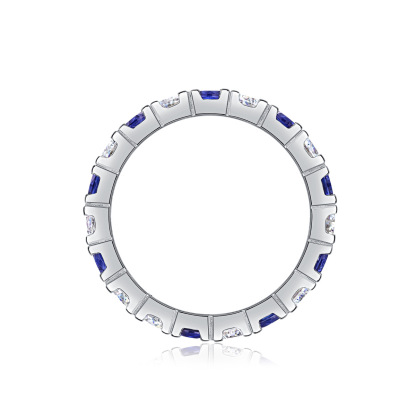 Bold&Chice Blue Sapphire & White Moissanite Eternity Band, Lab Created Diamond Alternating Ring, Unisex S925 Silver Stackable Ring